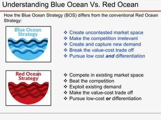 Understanding Blue Ocean Vs. Red Ocean
 Create uncontested market space
 Make the competition irrelevant
 Create and ca...