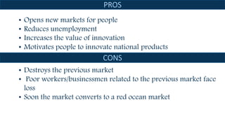 • Opens new markets for people
• Reduces unemployment
• Increases the value of innovation
• Motivates people to innovate national products
• Destroys the previous market
• Poor workers/businessmen related to the previous market face
loss
• Soon the market converts to a red ocean market
 