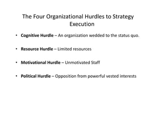 The Four Organizational Hurdles to Strategy 
E iExecution
• Cognitive Hurdle – An organization wedded to the status quo.g g q
• Resource Hurdle – Limited resources
• Motivational Hurdle – Unmotivated Staff
• Political Hurdle – Opposition from powerful vested interests
 