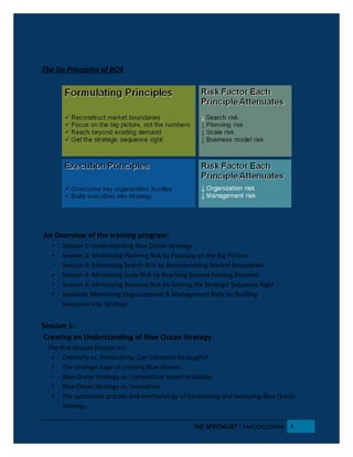 The Six Principles of BOS
An Overview of the training program:
• Session 1: Understanding Blue Ocean Strategy
• Session 2: Minimizing Planning Risk by Focusing on the Big Picture
• Session 3: Minimizing Search Risk by Reconstructing Market Boundaries
• Session 4: Minimizing Scale Risk by Reaching Beyond Existing Demand
• Session 5: Minimizing Business Risk by Getting the Strategic Sequence Right
• Session6: Minimizing Organizational & Management Risks by Building
Execution into Strategy
Session 1:
Creating an Understanding of Blue Ocean Strategy
The first session focuses on;
• Creativity vs. Productivity. Can Creativity be taught?
• The strategic logic of creating Blue Oceans
• Blue Ocean Strategy vs. Competition based strategies
• Blue Ocean Strategy vs. Innovation
• The systematic process and methodology of formulating and executing Blue Ocean
Strategy.
THE SPECIALIST | FAROOQ OMAR 4
 