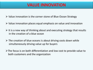 VALUE INNOVATION
COST
BUYER
VALUE
VALUE
INNVATION
Cost saving-Eliminate &
Reduce competing factors
Buyer value lifted- cre...