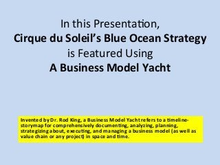In 
this 
PresentaDon, 
Cirque 
du 
Soleil’s 
Blue 
Ocean 
Strategy 
is 
Featured 
Using 
A 
Business 
Model 
Yacht 
Invented 
by 
Dr. 
Rod 
King, 
a 
Business 
Model 
Yacht 
refers 
to 
a 
Kmeline-­‐ 
storymap 
for 
comprehensively 
documenKng, 
analyzing, 
planning, 
strategizing 
about, 
execuKng, 
and 
managing 
a 
business 
model 
(as 
well 
as 
value 
chain 
or 
any 
project) 
in 
space 
and 
Kme. 
 