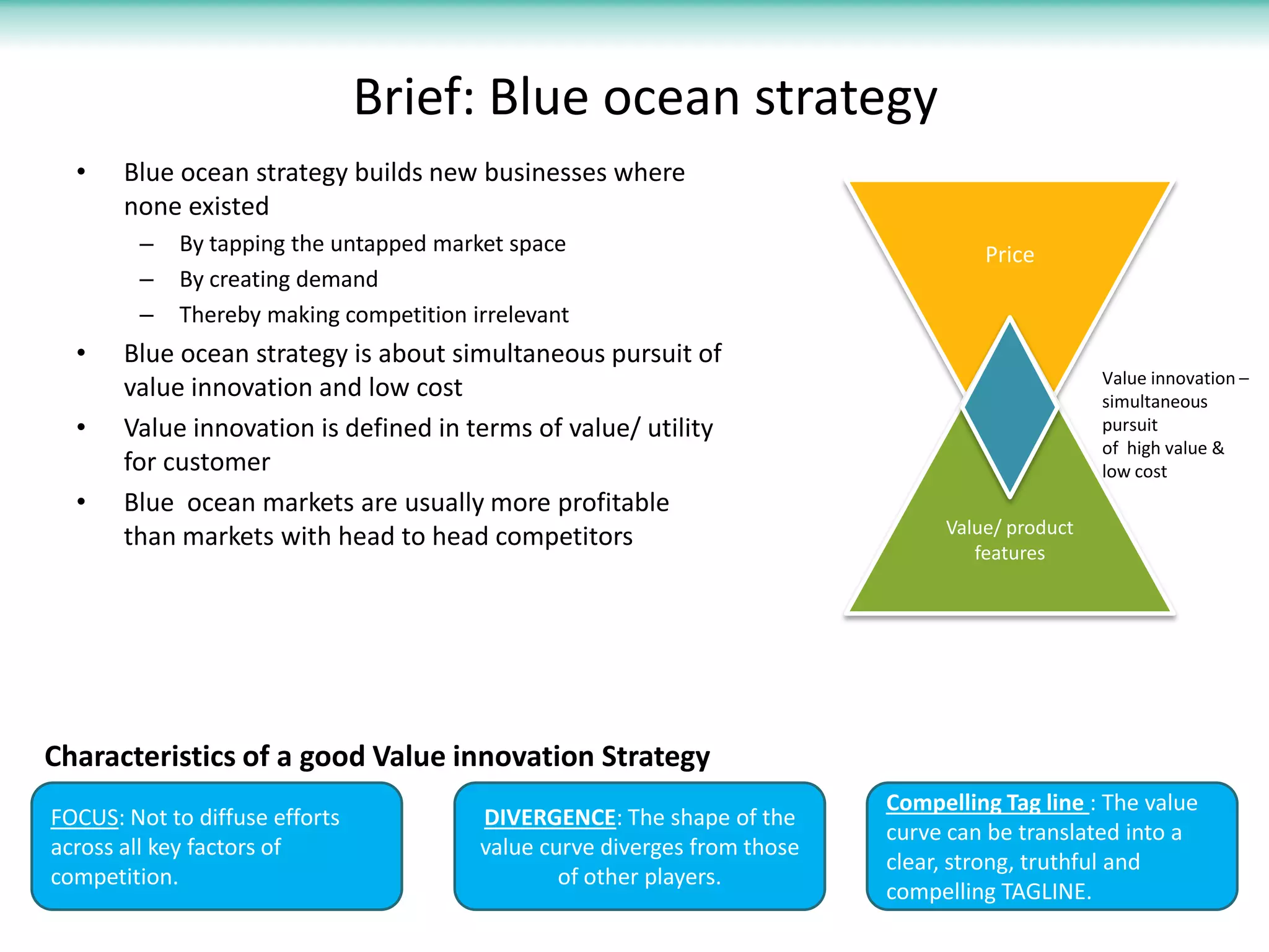Brief: Blue ocean strategy
  •    Blue ocean strategy builds new businesses where
       none existed
        –   By tapping the untapped market space                                   Price
        –   By creating demand
        –   Thereby making competition irrelevant
  •    Blue ocean strategy is about simultaneous pursuit of
                                                                                                Value innovation –
       value innovation and low cost                                                            simultaneous
  •    Value innovation is defined in terms of value/ utility                                   pursuit
                                                                                                of high value &
       for customer                                                                             low cost
  •    Blue ocean markets are usually more profitable
                                                                               Value/ product
       than markets with head to head competitors
                                                                                  features




Characteristics of a good Value innovation Strategy
                                                                          Compelling Tag line : The value
FOCUS: Not to diffuse efforts           DIVERGENCE: The shape of the
                                                                          curve can be translated into a
across all key factors of               value curve diverges from those
                                                                          clear, strong, truthful and
competition.                                    of other players.
                                                                          compelling TAGLINE.
 