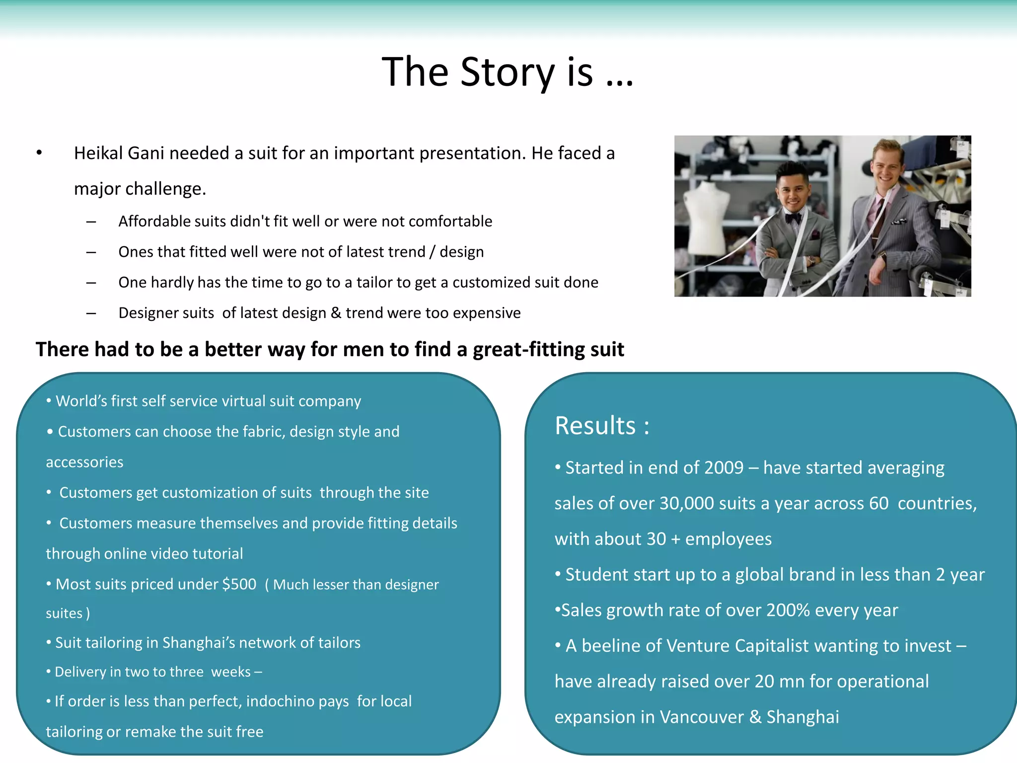 The Story is …
•        Heikal Gani needed a suit for an important presentation. He faced a
         major challenge.
           –   Affordable suits didn't fit well or were not comfortable
           –   Ones that fitted well were not of latest trend / design
           –   One hardly has the time to go to a tailor to get a customized suit done
           –   Designer suits of latest design & trend were too expensive

There had to be a better way for men to find a great-fitting suit

    • World’s first self service virtual suit company
    • Customers can choose the fabric, design style and                        Results :
    accessories                                                                • Started in end of 2009 – have started averaging
    • Customers get customization of suits through the site
                                                                               sales of over 30,000 suits a year across 60 countries,
    • Customers measure themselves and provide fitting details
                                                                               with about 30 + employees
    through online video tutorial
    • Most suits priced under $500 ( Much lesser than designer
                                                                               • Student start up to a global brand in less than 2 year
    suites )                                                                   •Sales growth rate of over 200% every year
    • Suit tailoring in Shanghai’s network of tailors                          • A beeline of Venture Capitalist wanting to invest –
    • Delivery in two to three weeks –
                                                                               have already raised over 20 mn for operational
    • If order is less than perfect, indochino pays for local
                                                                               expansion in Vancouver & Shanghai
    tailoring or remake the suit free
 