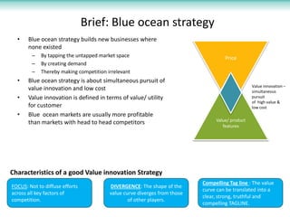 Brief: Blue ocean strategy
  •    Blue ocean strategy builds new businesses where
       none existed
        –   By tapping the untapped market space                                   Price
        –   By creating demand
        –   Thereby making competition irrelevant
  •    Blue ocean strategy is about simultaneous pursuit of
                                                                                                Value innovation –
       value innovation and low cost                                                            simultaneous
  •    Value innovation is defined in terms of value/ utility                                   pursuit
                                                                                                of high value &
       for customer                                                                             low cost
  •    Blue ocean markets are usually more profitable
                                                                               Value/ product
       than markets with head to head competitors
                                                                                  features




Characteristics of a good Value innovation Strategy
                                                                          Compelling Tag line : The value
FOCUS: Not to diffuse efforts           DIVERGENCE: The shape of the
                                                                          curve can be translated into a
across all key factors of               value curve diverges from those
                                                                          clear, strong, truthful and
competition.                                    of other players.
                                                                          compelling TAGLINE.
 