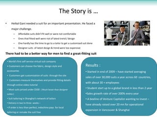 The Story is …
•        Heikal Gani needed a suit for an important presentation. He faced a
         major challenge.
           –   Affordable suits didn't fit well or were not comfortable
           –   Ones that fitted well were not of latest trend / design
           –   One hardly has the time to go to a tailor to get a customized suit done
           –   Designer suits of latest design & trend were too expensive

There had to be a better way for men to find a great-fitting suit

    • World’s first self service virtual suit company
    • Customers can choose the fabric, design style and                        Results :
    accessories                                                                • Started in end of 2009 – have started averaging
    • Customers get customization of suits through the site
                                                                               sales of over 30,000 suits a year across 60 countries,
    • Customers measure themselves and provide fitting details
                                                                               with about 30 + employees
    through online video tutorial
    • Most suits priced under $500 ( Much lesser than designer
                                                                               • Student start up to a global brand in less than 2 year
    suites )                                                                   •Sales growth rate of over 200% every year
    • Suit tailoring in Shanghai’s network of tailors                          • A beeline of Venture Capitalist wanting to invest –
    • Delivery in two to three weeks –
                                                                               have already raised over 20 mn for operational
    • If order is less than perfect, indochino pays for local
                                                                               expansion in Vancouver & Shanghai
    tailoring or remake the suit free
 