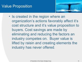 Value Proposition

   • Is created in the region where an
     organization’s actions favorably affect it’s
     cost structure and it’s value proposition to
     buyers. Cost savings are made by
     eliminating and reducing the factors an
     industry competes on. Buyer value is
     lifted by raisin and creating elements the
     industry has never offered.


                A Presentation of the Hudson Strategic Group   10
 