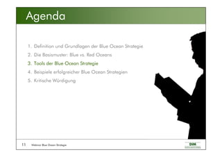 Webinar Blue Ocean Strategie11
Agenda
1. Definition und Grundlagen der Blue Ocean Strategie
2. Die Basismuster: Blue vs. Red Oceans
3. Tools der Blue Ocean Strategie
4. Beispiele erfolgreicher Blue Ocean Strategien
5. Kritische Würdigung
 