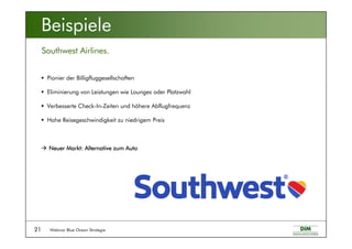 Webinar Blue Ocean Strategie21
Southwest Airlines.
Beispiele
Pionier der Billigfluggesellschaften
Eliminierung von Leistungen wie Lounges oder Platzwahl
Verbesserte Check-In-Zeiten und höhere Abflugfrequenz
Hohe Reisegeschwindigkeit zu niedrigem Preis
Neuer Markt: Alternative zum AutoNeuer Markt: Alternative zum AutoNeuer Markt: Alternative zum AutoNeuer Markt: Alternative zum Auto
 