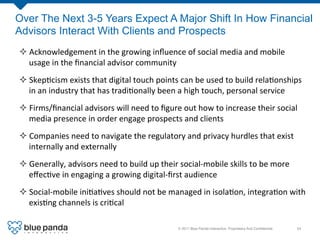 Over The Next 3-5 Years Expect A Major Shift In How Financial
Advisors Interact With Clients and Prospects
² Acknowledgement	
  in	
  the	
  growing	
  inﬂuence	
  of	
  social	
  media	
  and	
  mobile	
  
   usage	
  in	
  the	
  ﬁnancial	
  advisor	
  community	
  
² Skep8cism	
  exists	
  that	
  digital	
  touch	
  points	
  can	
  be	
  used	
  to	
  build	
  rela8onships	
  
   in	
  an	
  industry	
  that	
  has	
  tradi8onally	
  been	
  a	
  high	
  touch,	
  personal	
  service	
  	
  
² Firms/ﬁnancial	
  advisors	
  will	
  need	
  to	
  ﬁgure	
  out	
  how	
  to	
  increase	
  their	
  social	
  
   media	
  presence	
  in	
  order	
  engage	
  prospects	
  and	
  clients	
  
² Companies	
  need	
  to	
  navigate	
  the	
  regulatory	
  and	
  privacy	
  hurdles	
  that	
  exist	
  
   internally	
  and	
  externally	
  
² Generally,	
  advisors	
  need	
  to	
  build	
  up	
  their	
  social-­‐mobile	
  skills	
  to	
  be	
  more	
  
   eﬀec8ve	
  in	
  engaging	
  a	
  growing	
  digital-­‐ﬁrst	
  audience	
  
² Social-­‐mobile	
  ini8a8ves	
  should	
  not	
  be	
  managed	
  in	
  isola8on,	
  integra8on	
  with	
  
   exis8ng	
  channels	
  is	
  cri8cal	
  	
  

                                                                   © 2011 Blue Panda Interactive. Proprietary And Conﬁdential.!   24!
 