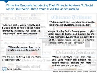 Firms Are Gradually Introducing Their Financial Advisors To Social
        Media, But Within Three Years It Will Be Commonplace



                                                                            “Putnam	
  investments	
  launches	
  video	
  blog	
  to	
  
“Goldman	
   Sachs,	
   which	
   recently	
   said	
                       help	
  ﬁnancial	
  advisors	
  tap	
  social	
  media”	
  
it	
   was	
   looking	
   to	
   hire	
   a	
   ‘social	
   media	
  
community	
   manager,’	
   has	
   taken	
   to	
                       Morgan	
   Stanley	
   Smith	
   Barney	
   plans	
   to	
   give	
  
TwiPer	
  to	
  post	
  news	
  about	
  the	
  ﬁrm.”	
  	
              par9al	
   access	
   to	
   TwiPer	
   and	
   LinkedIn	
   for	
   it’s	
  
                                                                         17,000	
  ﬁnancial	
  advisors	
  which	
  amounts	
  to	
  a	
  
                                                                         bet	
   that	
   social	
   media	
   can	
   be	
   an	
   eﬀec9ve	
  
                                                                         business	
  tool	
  for	
  ﬁnancial	
  advisers.”	
  
           “AllianceBernstein,	
   has	
   given	
  
           employees	
  access	
  to	
  LinkedIn.”	
  

“The	
   Blackstone	
   Group	
   also	
   maintains	
                         “Morgan	
   Stanley’s	
   retail	
   brokerage	
  
a	
  TwiPer	
  account.”	
  	
                                                 unit,	
   using	
   TwiPer	
   and	
   LinkedIn	
   has	
  
                                                                               helped	
   ﬁnancial	
   advisers	
   win	
   more	
  
                                                                               business	
  over	
  the	
  past	
  year.”	
  
                                                                                   © 2011 Blue Panda Interactive. Proprietary And Conﬁdential.!                25!

                                                                                  Source:	
  The	
  Securi8es	
  Industry	
  and	
  Financial	
  Markets	
  Associa8on	
  	
  
 