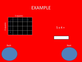 EXAMPLE
                   5 squares
4 squares




                                         5x4=




            Back                                Next
 