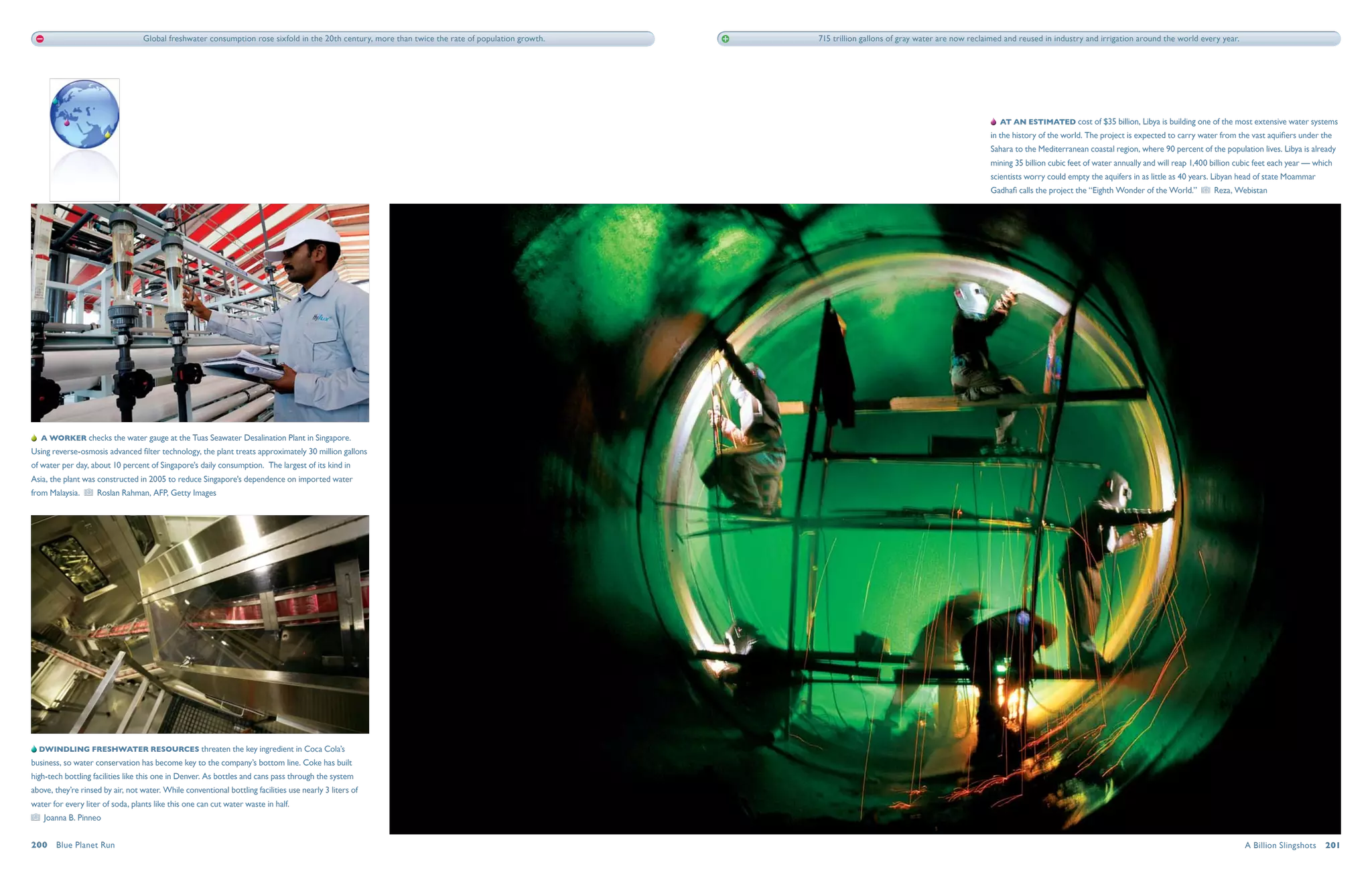 Global freshwater consumption rose sixfold in the 20th century, more than twice the rate of population growth.   715 trillion gallons of gray water are now reclaimed and reused in industry and irrigation around the world every year.




                                                                                                                                                                                                       At an estimated cost of $35 billion, Libya is building one of the most extensive water systems
                                                                                                                                                                                                   in the history of the world. The project is expected to carry water from the vast aquifiers under the
                                                                                                                                                                                                   Sahara to the Mediterranean coastal region, where 90 percent of the population lives. Libya is already
                                                                                                                                                                                                   mining 35 billion cubic feet of water annually and will reap 1,400 billion cubic feet each year — which
                                                                                                                                                                                                   scientists worry could empty the aquifers in as little as 40 years. Libyan head of state Moammar
                                                                                                                                                                                                   Gadhafi calls the project the “Eighth Wonder of the World.”        Reza, Webistan




   A worker checks the water gauge at the Tuas Seawater Desalination Plant in Singapore.
Using reverse-osmosis advanced filter technology, the plant treats approximately 30 million gallons
of water per day, about 10 percent of Singapore's daily consumption. The largest of its kind in
Asia, the plant was constructed in 2005 to reduce Singapore's dependence on imported water
from Malaysia.      Roslan Rahman, AFP, Getty Images




  Dwindling freshwater resources threaten the key ingredient in Coca Cola’s
business, so water conservation has become key to the company’s bottom line. Coke has built
high-tech bottling facilities like this one in Denver. As bottles and cans pass through the system
above, they’re rinsed by air, not water. While conventional bottling facilities use nearly 3 liters of
water for every liter of soda, plants like this one can cut water waste in half.
    Joanna B. Pinneo


200  Blue Planet Run                                                                                                                                                                                                                                                           A Billion Slingshots  201
 