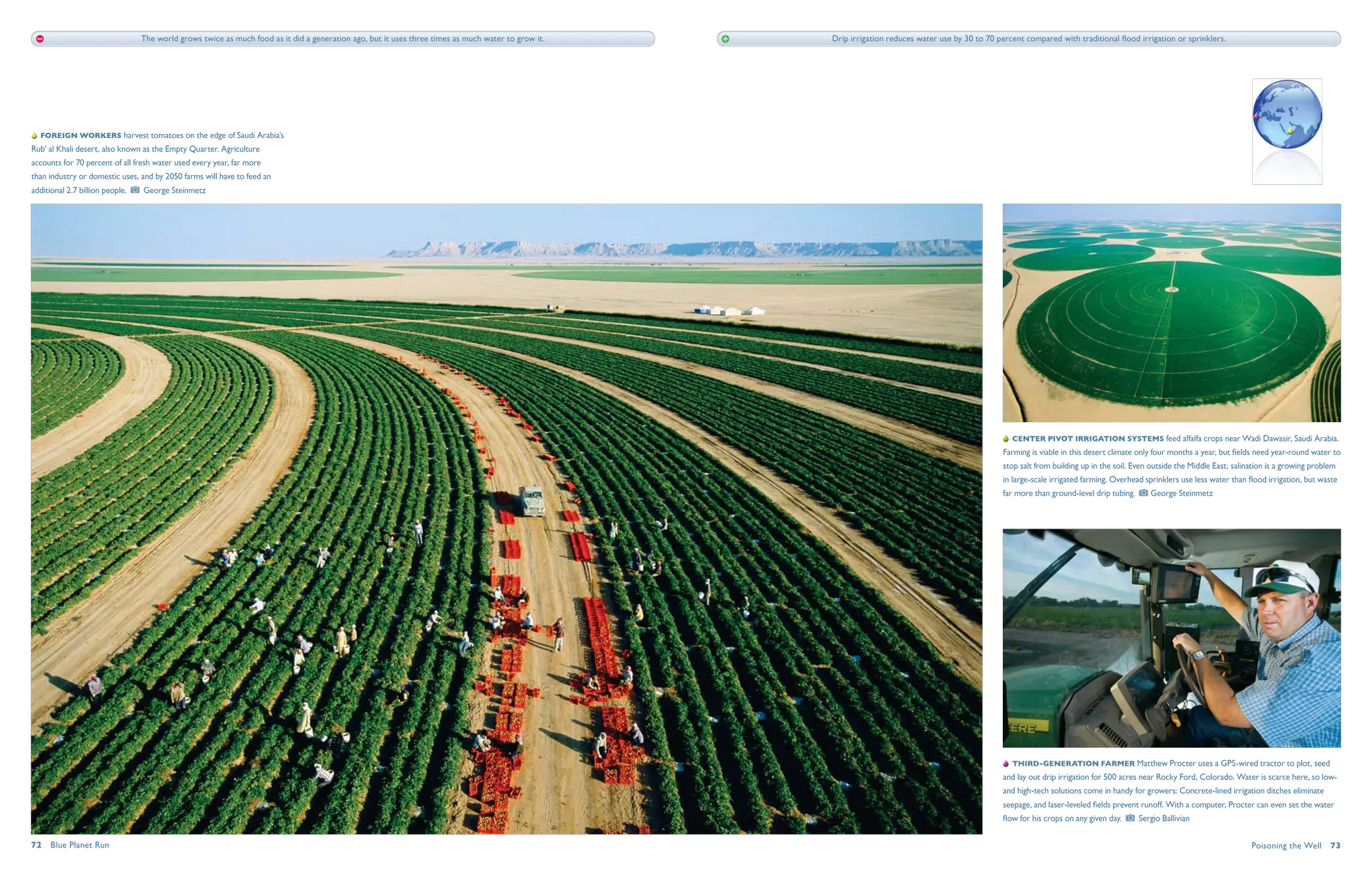 The world grows twice as much food as it did a generation ago, but it uses three times as much water to grow it.   Drip irrigation reduces water use by 30 to 70 percent compared with traditional flood irrigation or sprinklers.




   Foreign workers harvest tomatoes on the edge of Saudi Arabia’s
Rub’ al Khali desert, also known as the Empty Quarter. Agriculture
accounts for 70 percent of all fresh water used every year, far more
than industry or domestic uses, and by 2050 farms will have to feed an
additional 2.7 billion people.    George Steinmetz




                                                                                                                                                                                                       Center pivot irrigation systems feed alfalfa crops near Wadi Dawasir, Saudi Arabia.
                                                                                                                                                                                                     Farming is viable in this desert climate only four months a year, but fields need year-round water to
                                                                                                                                                                                                     stop salt from building up in the soil. Even outside the Middle East, salination is a growing problem
                                                                                                                                                                                                     in large-scale irrigated farming. Overhead sprinklers use less water than flood irrigation, but waste
                                                                                                                                                                                                     far more than ground-level drip tubing.        George Steinmetz




                                                                                                                                                                                                        Third-generation farmer Matthew Procter uses a GPS-wired tractor to plot, seed
                                                                                                                                                                                                     and lay out drip irrigation for 500 acres near Rocky Ford, Colorado. Water is scarce here, so low-
                                                                                                                                                                                                     and high-tech solutions come in handy for growers: Concrete-lined irrigation ditches eliminate
                                                                                                                                                                                                     seepage, and laser-leveled fields prevent runoff. With a computer, Procter can even set the water
                                                                                                                                                                                                     flow for his crops on any given day.       Sergio Ballivian


72  Blue Planet Run                                                                                                                                                                                                                                                             Poisoning the Well  73
 