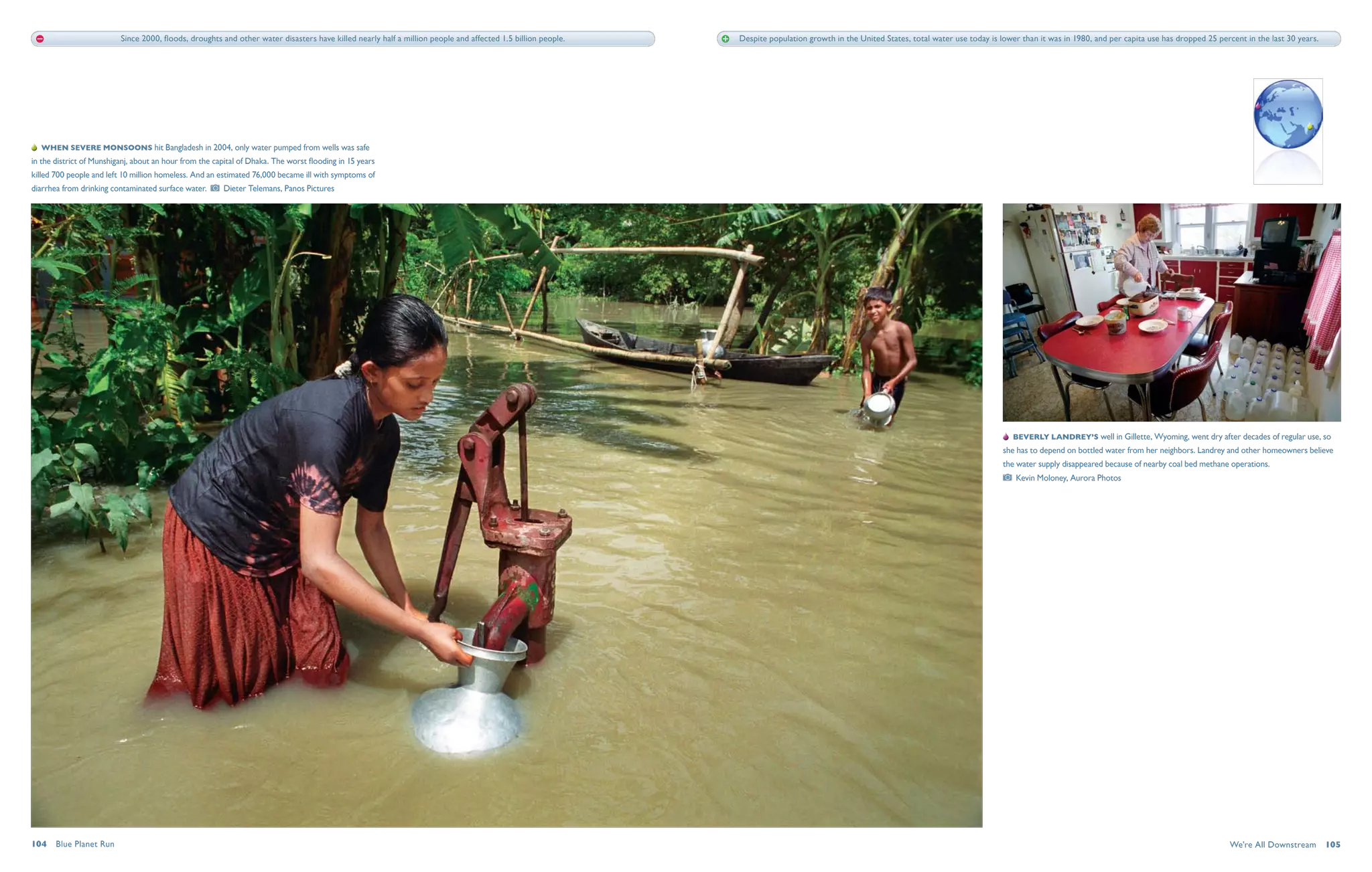 Since 2000, floods, droughts and other water disasters have killed nearly half a million people and affected 1.5 billion people.   Despite population growth in the United States, total water use today is lower than it was in 1980, and per capita use has dropped 25 percent in the last 30 years.




   When severe monsoons hit Bangladesh in 2004, only water pumped from wells was safe
in the district of Munshiganj, about an hour from the capital of Dhaka. The worst flooding in 15 years
killed 700 people and left 10 million homeless. And an estimated 76,000 became ill with symptoms of
diarrhea from drinking contaminated surface water.       Dieter Telemans, Panos Pictures




                                                                                                                                                                                                                                          Beverly Landrey’s well in Gillette, Wyoming, went dry after decades of regular use, so
                                                                                                                                                                                                                                       she has to depend on bottled water from her neighbors. Landrey and other homeowners believe
                                                                                                                                                                                                                                       the water supply disappeared because of nearby coal bed methane operations. 
                                                                                                                                                                                                                                          Kevin Moloney, Aurora Photos




104  Blue Planet Run                                                                                                                                                                                                                                                                                   We're All Downstream  105
 