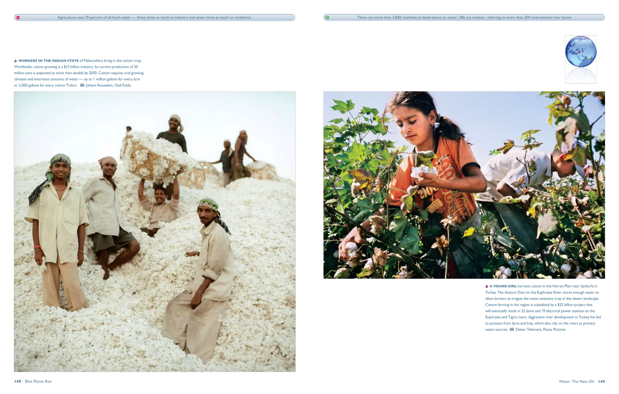 Agriculture uses 70 percent of all fresh water — three times as much as industry and seven times as much as residential.   There are more than 3,800 multilateral declarations on water: 286 are treaties, referring to more than 200 international river basins.




   Workers in the Indian state of Maharashtra bring in the cotton crop.
Worldwide, cotton growing is a $12 billion industry. Its current production of 20
million tons is expected to more than double by 2050. Cotton requires arid growing
climates and enormous amounts of water — up to 1 million gallons for every acre
or 2,000 gallons for every cotton T-shirt.     Johann Rousselot, Oeil Public




                                                                                                                                                                                                                                           A young girl harvests cotton in the Harran Plain near Sanliurfa in
                                                                                                                                                                                                                                       Turkey. The Ataturk Dam on the Euphrates River stores enough water to
                                                                                                                                                                                                                                       allow farmers to irrigate the water-intensive crop in this desert landscape.
                                                                                                                                                                                                                                       Cotton farming in the region is subsidized by a $32 billion project that
                                                                                                                                                                                                                                       will eventually result in 22 dams and 19 electrical power stations on the
                                                                                                                                                                                                                                       Euphrates and Tigris rivers. Aggressive river development in Turkey has led
                                                                                                                                                                                                                                       to protests from Syria and Iraq, which also rely on the rivers as primary
                                                                                                                                                                                                                                       water sources.      Dieter Telemans, Panos Pictures




148  Blue Planet Run                                                                                                                                                                                                                                                                    Water: The New Oil  149
 