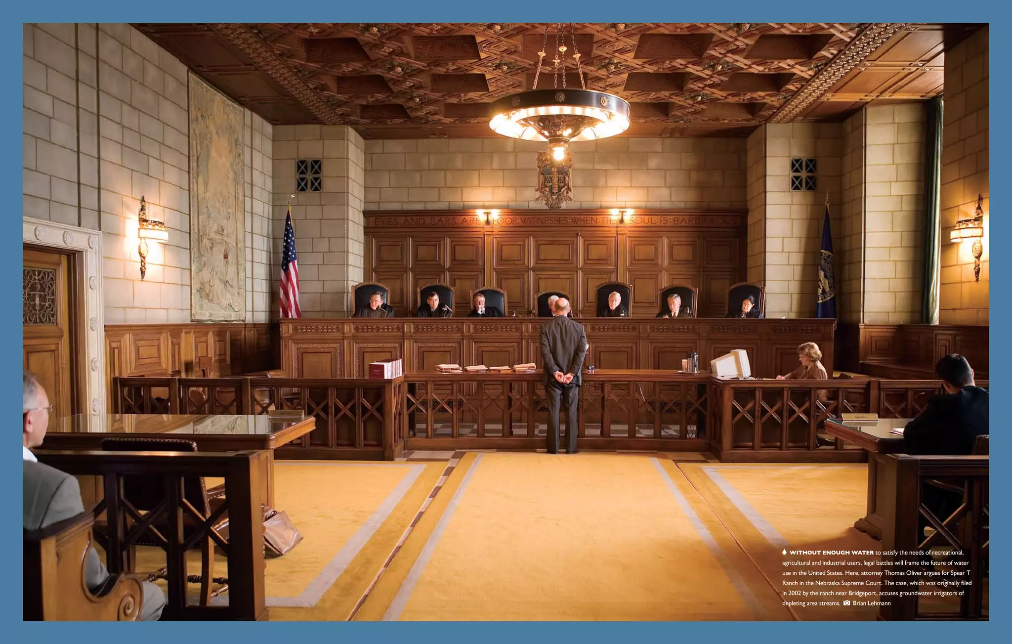   Without enough water to satisfy the needs of recreational,
agricultural and industrial users, legal battles will frame the future of water
use in the United States. Here, attorney Thomas Oliver argues for Spear T
Ranch in the Nebraska Supreme Court. The case, which was originally filed
in 2002 by the ranch near Bridgeport, accuses groundwater irrigators of
depleting area streams.      Brian Lehmann
 