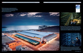 One fifth of the world’s population and a third of the Earth’s land surface (15 million square miles) is threatened by global desertification.   Desalination plants are the artificial rivers of the Middle East, accounting for nearly 40 percent of municipal water supplies in the region.




  Spain’s push to develop its arid southern coast for tourism has
required it to tap the Mediterranean Sea for fresh water. The country’s 700
desalination plants produce 800 million gallons yearly. Worldwide, more than
12,000 desalination plants produce more than 4.4 trillion gallons. 
   Georg Fischer, Bilderberg, Aurora Photos




                                                                                                                                                                                                                                      Workers install one of the 9,000 filters at the $256 million desalination plant in Yuma,
                                                                                                                                                                                                                                   Arizona, which removes salty runoff from U.S. farms on the Colorado River. The plant, 70 miles
                                                                                                                                                                                                                                   from the sea, came online in 2007, in the middle of an eight-year drought in the West. Water from
                                                                                                                                                                                                                                   the plant goes to Mexico under treaty obligations, and it is 40 times more expensive than water
                                                                                                                                                                                                                                   obtained from other natural sources.      Jim Richardson, National Geographic, Getty Images




                                                                                                                                                                                                                                      A technician draws a water sample from a reverse-osmosis filter at the Heemskerk
                                                                                                                                                                                                                                   desalination plant in the Netherlands. Reverse-osmosis technology uses semi-permeable
                                                                                                                                                                                                                                   membranes to remove salt and pollutants from water. Already in household purification systems,
                                                                                                                                                                                                                                   reverse-osmosis technology is taking over the desalination industry, replacing plants that use heat
                                                                                                                                                                                                                                   to distill water.    Marc Steinmetz, Aurora Photos
208  Blue Planet Run                                                                                                                                                                                                                                                                                       A Billion Slingshots  209
 