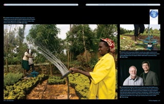 To keep pace with the growing demand for food, it is estimated that about 15 percent more fresh water will have to be withdrawn for agricultural purposes by 2030.   More than 10,000 nongovernmental organizations around the world are helping to address the world's water crisis.




  Deborah and Ann Njenga water their farm in Juja, Kenya. Ann’s
KickStart water pump has taken her beyond subsistence farming and opened
up new business opportunities, including an exotic flower nursery, a tilapia
fish farm and the occasional car wash.     Stephen Digges




                                                                                                                                                                                                                             Stephen Ngiri demonstrates KickStart’s low-tech micro-irrigation solution for rural
                                                                                                                                                                                                                          farmers in Kenya. The pedal-powered water pump has enabled Stephen and his family to increase
                                                                                                                                                                                                                          tomato output by five times and employ an additional eight workers during harvest season.
                                                                                                                                                                                                                              Stephen Digges




                                                                                                                                                                                                                             Nick Moon and Martin Fisher came up with the concept of the KickStart pump
                                                                                                                                                                                                                          in Kenya during the early 1990s after observing that aid projects tended to wither once the aid
                                                                                                                                                                                                                          workers returned home. Their concept was to create an affordable and easy-to-manufacture
                                                                                                                                                                                                                          device that would empower landowners to become “farmerpreneurs.” KickStart water pumps are
                                                                                                                                                                                                                          produced locally and sold to farmers in Kenya, Tanzania and Mali. These human-powered pumps
                                                                                                                                                                                                                          enable farmers to plant three or four crops a year, increasing incomes as much as tenfold.
                                                                                                                                                                                                                              Michael Collopy


210  Blue Planet Run                                                                                                                                                                                                                                                                             A Billion Slingshots  211
 