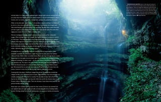   Underground aquifers dozens of miles deep and hundreds of
                                                                                                        miles wide, are the Earth’s second-largest reserve of fresh water (after ice
                                                                                                        caps and glaciers). These vast underground repositories contain more than
                                                                                                        100 times the amount of water held in rivers and lakes. Filled over billions
                                                                                                        of years, aquifers are today being drained at two to four times their natural
                                                                                                        recharge rate in order to supply a third of the world’s drinking and irrigation
                                                                                                        water. Here, a team of recreational spelunkers drops into the 160-foot-deep
and also bathe in it, irrigate with it, paddle through it, simmer with it and are rained on by it, so   Neversink Pit in Alabama.      George Steinmetz

we rarely notice how magical water is. A natural insulator, it can cool overheated cars, mills or
humans, and it can slowly change the air temperature, giving us the gradualness of seasons.

Water can be solid, liquid, vapor, crystal. It can cascade or seep, be soothing or corrosive, act
as mirror or lens, serve as a traffic lane or a roadblock or a sacrament. And though water
often looks like glass, and in some brittle forms can shatter like glass, and in others flow thick
and slow as glass, it’s not made of silica as glass is. But it does sponsor glass. The sandy skirts
edging some oceans are a form of glass, crafted by water.

We live in bondage to hydrogen, a small, common waif of an atom, and fat, combustible
oxygen. When hydrogen cozies up to oxygen, the magnetic attraction is so fierce it’s hard to
pry them apart. They always assume the same open-armed pose, the three atoms angling at
precisely 104.5 degrees from each other. In portraits water looks animal: two hydrogen atoms
form the ears, one plump oxygen atom the face. This makes it versatile, flexible, dynamic, its
bonds continually breaking and reforging, and every puddle of water reacting as one electronic
whole, a fellowship that may extend to entire oceans.

A flowing thermos, water absorbs, holds and transports heat for long enough to create
hospitable coastlands. The Gulf Stream, a wide river inside the ocean, every hour delivers
millions of miles of warm water to northern shores. Rivers also churn through the air, as water
evaporating from the tropics becomes water vapor that drives the winds. Endlessly levitating,
falling and condensing, no water is new — all of it, every drop, is recycled from somewhere
and somewhen else. The water in the stalk of celery I am eating right now may have fallen as
rain in the Amazon last year, or it may have been slurped up by a dinosaur millions of years
ago. We’ve learned how to catch and carry water, but 97 percent of Earth’s water lies in the
oceans, 2 percent in snow; the rest falls to us for irrigation, drinking and survival.

Covering half of the planet, clouds look collaged onto the sky, Rorschach-like nomads that
collapse and fall as rain. Thousands of tons of water, millions of drops, they look serene but are
unstable, jostling hordes. In one form or another 70 cubic miles of water falls to Earth every
day, but not, alas, precisely where we may wish. Half of the world’s rain showers down on the
Amazon, where it falls thick as rubber. That’s the only place I know where the air can hold 100
percent humidity without raining.

Aerial water can’t compete with the oceans for sheer volume, of course, but snowmelt and
rain replenish lakes and rivers, springs and wells, and abounding life forms, including 6 billion
humans. Drinking, eating, excreting and thinking water, our tissues are marshes and estuaries,
 