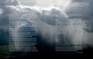   The water cycle endlessly repeats itself. Every day, enough water
                                                                                                                                                                    to cover the planet’s surface a tenth of an inch deep falls from the sky. And
                                                                                                                                                                    roughly the same amount evaporates from the oceans and land. It stays in
                                                                                                                                                                    the air for about 10 days until it eventually condenses to form clouds before
                                                                                                                                                                    falling back to the Earth as rain.     Daniel Beltrá




our organs islands, our bloodstreams long rivers with creeks and feeders. Sloshing sacs of             Our food is mainly water. Water connects us to every other facet of life on Earth, in one
chemicals on the move, we leak from many orifices throughout our lives and still carry the salty       large flowing enterprise. Predator and prey share water holes, friends and foes share oases.
ocean in our blood, skin, sweat and tears. Menstrual periods mirror the tides. We need water           Without water, cultures founder and civilizations die.
to oil joints, digest food, build the smile-bright enamel on our teeth. We are water’s way of
                                                                                                       We may say and think humans walk, but what we really do is flow. When we lie down like
reflecting on the life it promotes.
                                                                                                       spirit levels, our waters flatten, but they keep moving, sliding, gliding, renewing. Does life
The soul of water is change. Colorless, transparent, odorless, tasteless, water will dissolve          exist elsewhere in the universe? Look for water. Water allows even unrelated substances
almost anything on its travels through the ground and body, carrying sap and serum, minerals           to mix, tumble, blend and bark with electricity. Because water dissolves things, it’s easy to
and blood, tiny chem-labs to power thought, and at times abominations. It sponges up the world         pollute, and because water is persuadable, it’s easy to rule.
around it, absorbs new personas. And, then, for a while at least, it struts out of the shadows,
                                                                                                       Water, water everywhere. Insistent, incessant, in torrents, in teacups, water clings to cool
takes the stage and becomes visible, seasoned, a creature of substance with a real personality.
                                                                                                       rocks, wobbles prisms of dew, shapes pudgy fingers and eyes, inks the layout of cities and
For one bushel of wheat, farmers need 20,000 gallons of water. A tree is 75 percent water,             the love life of squids, reflects so poignantly we use the image to describe our mental world,
an apple 80 percent water, a fetus 97 percent water, an adult man 70 percent water, an adult           tempers the rain-guzzling cottonwoods and willows, pools below ground in the water table
woman 50 percent (more body fat). This means a 150-pound man is about 105 pounds of water.             where life dines, swirls on invisible winds across the sky, bubbles saliva at the sight of a ripe
                                                                                                       apricot, oozes sweat during a dragon boat race, imbues even the driest dust with a smidge of
Because we’re mostly water ourselves, surrounded by water, we go with the flow, water down
                                                                                                       damp, puffs up seed pods, supplies a bucket brigade of bees with coolant for summer hives,
proposals, spend money like water, have liquid assets, dilute drinks, take the plunge, booze until
                                                                                                       corrupts the face of cliffs, incises granite, incants as it trickles over pebbles (whose echo lives
we’re pickled, go through baptisms of fire, try not to be bores or scoundrels of the first water.
                                                                                                       in the Aramaic word “poet”), excites the nutrients in broth, incubates life in womb-time,
No one wants to be shallow. Past events we banish as water under the bridge.
                                                                                                       incurs the wrath of both neighbors and nations (the word “rival” originally meant to share
Gushing out alive after nine months afloat, we nonetheless fear death by water, fear getting in        the same stream), incites border wars, indents coastlines, invigorates farmlands, stiffens plant
over our heads, until we’re drowning in work, flooded by emotion and flailing just to keep our         stems, conducts traffic between empires, cools forges and whetstones, frets rock until it
head above water while we dissolve into tears. Unless we deep-six whatever was needling us.            leaches minerals, echoes with whale songs, crackles with fish talk, one moment shimmers

Water can be docile, too, and so easily influenced that the slightest breeze blowing on it, or         like a drape of shot silk and the next lies gray as pewter, twirls petticoats, hoists chemicals,

the tiniest pebble dropping into it, is enough to roll small waves across the surface. And so we       is easily indoctrinated or nimbly coaxed into silos, geysers up as life’s wellspring and, upon

picture laughter rippling around a table, or a few words setting off a froth of excitement.            reflection, heralds the beginning and end of all thirst.

On our planet at least, living plants and animals need to ferry nutrients and send messages.           So, protecting the planet’s fresh water becomes an act of self-preservation. Though we can’t

Both require a benign liquid. Life is opportunistic, it adapts, and it exploits what’s available. In   always see downstream from reckless events, we pay dearly for that short-sightedness. Not

one form or another, water greets us every day, from the liquid we splash on our faces to water        if, but when. The web of life trembles on such fragile threads. Listen, now, in the distance, a

locked inside the cells of nutritious heads of grain. We water our plants, our homes, our bodies.      calamity, can you hear it? Like thunder warnings before a summer storm.

                                                                                                                                                                                      — Diane Ackerman
 