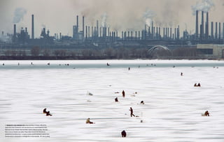   Beneath the frozen ice of the Ural River in Russia, affected by
waste from Lenin Steelworks, fish have become too contaminated for local
fishermen to eat. Instead, they send their catch to distant markets. The Ural
River is not an isolated case either. Many water sources have become so
polluted and overfished that 1 in every 5 of the world’s freshwater species have
become extinct, threatened or endangered in recent decades.        Gerd Ludwig
 