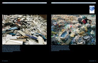 Americans now consume more than 28 gallons of bottled water per person per year. Only about 23 percent of the bottles are recycled.                     New water bottles engineered with cornstarch biodegrade in 80 days, compared with traditional plastics, which may take several hundred years.




   Mountains of “e-waste” have been shipped to China, where                                                                                                  A worker at a recycling center in Shanghai sifts through the plastic
families who used to work on farms have taken to scavenging among the                                                                                     bottles that arrive in China by the boatload. Bottled water is now a $100
piles of keyboards, motherboards and discarded computer components in                                                                                     billion a year industry, second only to soft drinks in the beverage sector.
Chaoyang County in southern Guangdong Province, among other places.                                                                                       In the United States, the leading consumer followed by Mexico and China,
The e-waste contains hundreds of extremely toxic substances, including                                                                                    fewer than 25 percent of the bottles are recycled, contributing 2 million tons
lead, cadmium, chromium, mercury and other heavy metals that leach into                                                                                   per year to landfills.     Reuters
the groundwater.     Alessandro Digaetano




76  Blue Planet Run                                                                                                                                                                                                                                                                                            Poisoning the Well  77
 