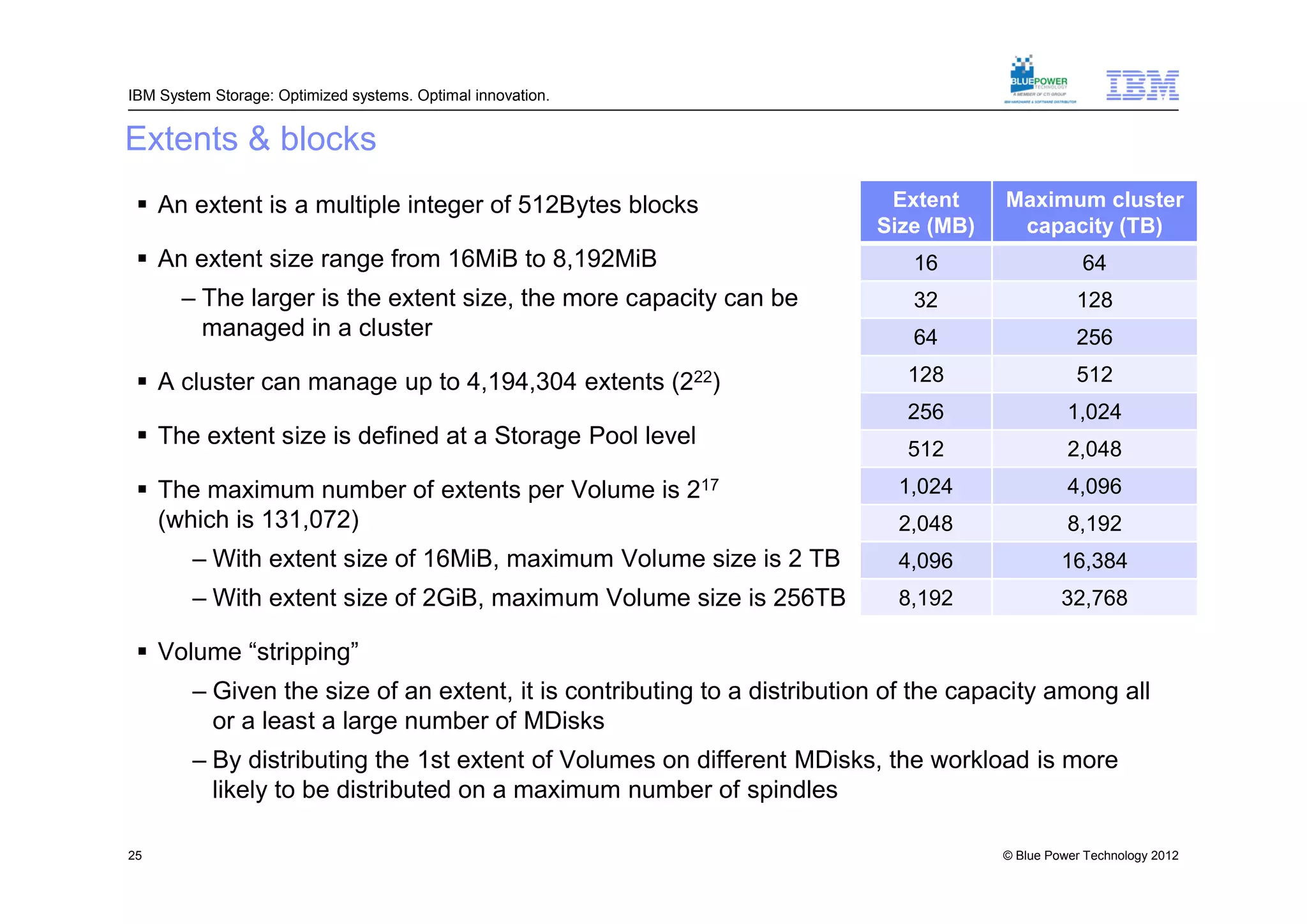 IBM System Storage: Optimized systems. Optimal innovation.


Extents & blocks
  An extent is a multiple integer of 512Bytes blocks                      Extent     Maximum cluster
                                                                          Size (MB)    capacity (TB)
  An extent size range from 16MiB to 8,192MiB                                16                  64
       – The larger is the extent size, the more capacity can be              32                 128
         managed in a cluster                                                 64                 256

  A cluster can manage up to 4,194,304 extents (222)                        128                 512
                                                                             256                1,024
  The extent size is defined at a Storage Pool level
                                                                             512                2,048
  The maximum number of extents per Volume is 217                          1,024               4,096
   (which is 131,072)                                                       2,048               8,192
        – With extent size of 16MiB, maximum Volume size is 2 TB            4,096              16,384
        – With extent size of 2GiB, maximum Volume size is 256TB            8,192              32,768

  Volume “stripping”
        – Given the size of an extent, it is contributing to a distribution of the capacity among all
          or a least a large number of MDisks
        – By distributing the 1st extent of Volumes on different MDisks, the workload is more
          likely to be distributed on a maximum number of spindles

25                                                                                    © Blue Power Technology 2012
 