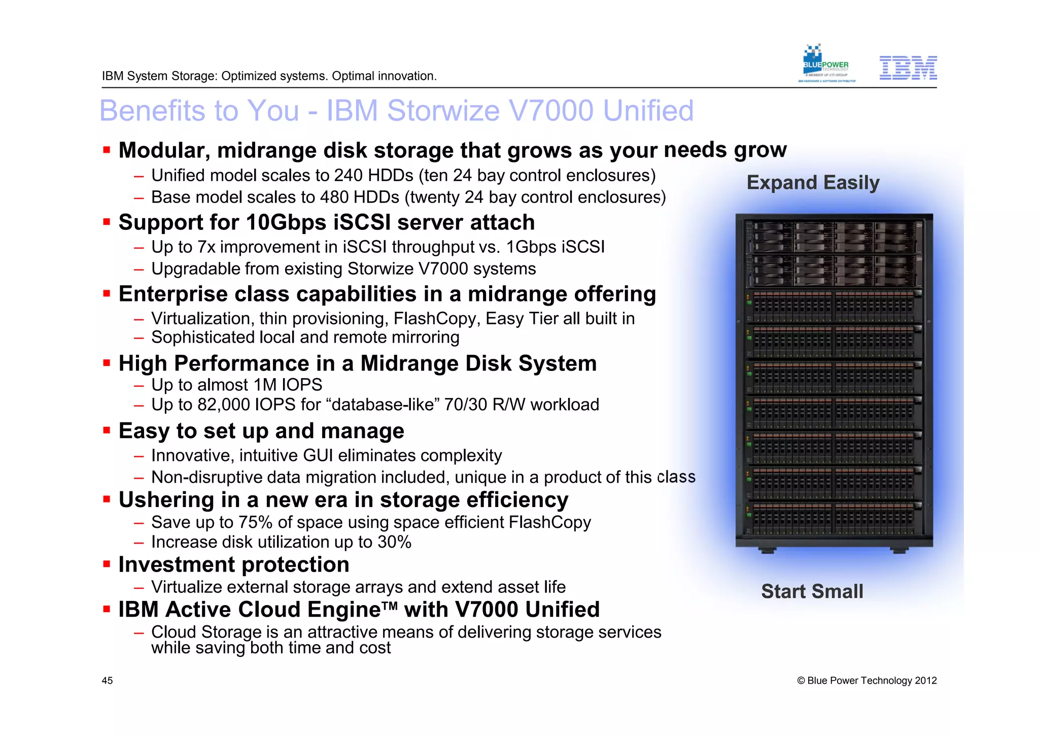 IBM System Storage: Optimized systems. Optimal innovation.


Benefits to You - IBM Storwize V7000 Unified
 Modular, midrange disk storage that grows as your needs grow
     – Unified model scales to 240 HDDs (ten 24 bay control enclosures)            Expand Easily
     – Base model scales to 480 HDDs (twenty 24 bay control enclosures)
 Support for 10Gbps iSCSI server attach
     – Up to 7x improvement in iSCSI throughput vs. 1Gbps iSCSI
     – Upgradable from existing Storwize V7000 systems
 Enterprise class capabilities in a midrange offering
     – Virtualization, thin provisioning, FlashCopy, Easy Tier all built in
     – Sophisticated local and remote mirroring
 High Performance in a Midrange Disk System
     – Up to almost 1M IOPS
     – Up to 82,000 IOPS for “database-like” 70/30 R/W workload
 Easy to set up and manage
     – Innovative, intuitive GUI eliminates complexity
     – Non-disruptive data migration included, unique in a product of this class
 Ushering in a new era in storage efficiency
     – Save up to 75% of space using space efficient FlashCopy
     – Increase disk utilization up to 30%
 Investment protection
     – Virtualize external storage arrays and extend asset life                     Start Small
 IBM Active Cloud EngineTM with V7000 Unified
     – Cloud Storage is an attractive means of delivering storage services
       while saving both time and cost
45                                                                                     © Blue Power Technology 2012
 