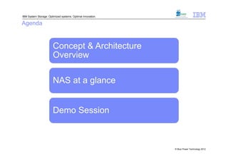 IBM System Storage: Optimized systems. Optimal innovation.

Agenda


                        Concept & Architecture
                        Overview

                        NAS at a glance


                        Demo Session



                                                             © Blue Power Technology 2012
 