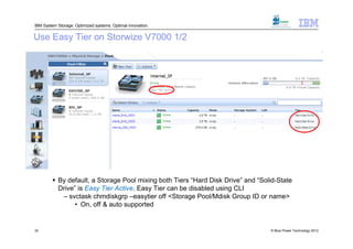 IBM System Storage: Optimized systems. Optimal innovation.


Use Easy Tier on Storwize V7000 1/2




          By default, a Storage Pool mixing both Tiers “Hard Disk Drive” and “Solid-State
           Drive” is Easy Tier Active. Easy Tier can be disabled using CLI
            – svctask chmdiskgrp –easytier off <Storage Pool/Mdisk Group ID or name>
                 • On, off & auto supported


32                                                                                © Blue Power Technology 2012
 