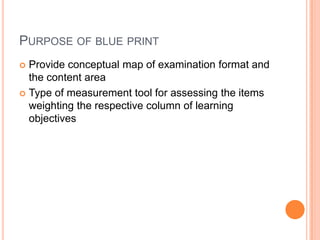 PURPOSE OF BLUE PRINT
 Provide conceptual map of examination format and
the content area
 Type of measurement tool for assessing the items
weighting the respective column of learning
objectives
 