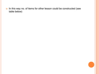  In this way no. of items for other lesson could be constructed (see
table below)
 