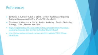 References 
 Zeithamal V .A, Bitner M.J et al (2013), Services Marketing: integrating 
Customer Focus Across the Firm 6th ed., TMH, New Delhi. 
 Christopher L, Wirtz J et al (20130, Services Marketing : People , Technology , 
Strategy , 7th ed., Pearson, New Delhi. 
 https://wpcarey.asu.edu/sites/default/files/uploads/research/services-leadership/ 
Example-Self-Service-Technology-Blueprints.pdf 
 http://www.assignmentpoint.com/wp-content/uploads/2013/03/one-bank15. 
png 
 