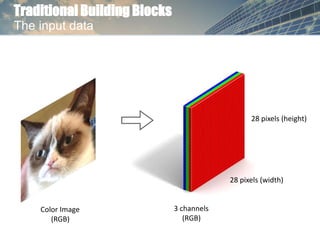 Traditional Building Blocks
The input data
Color Image
(RGB)
28 pixels (width)
28 pixels (height)
3 channels
(RGB)
 