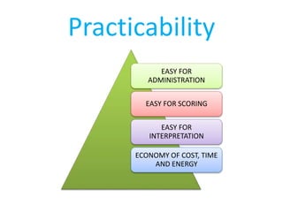 Practicability
EASY FOR
ADMINISTRATION
EASY FOR SCORING
EASY FOR
INTERPRETATION
ECONOMY OF COST, TIME
AND ENERGY
 