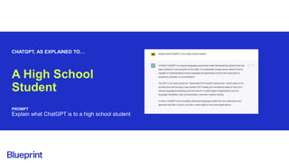 CHATGPT, AS EXPLAINED TO…
A High School
Student
PROMPT
Explain what ChatGPT is to a high school student
 