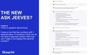 THE NEW
ASK JEEVES?
PROMPTS
I have a question about Excel
I have a row that has numbers with 1
decimal place. If numbers in that row do
not have a decimal number, then how
can I make it not display the decimal
number?
 