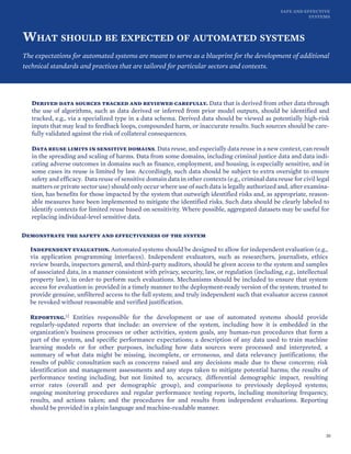 SAFE AND EFFECTIVE
SYSTEMS
WHAT SHOULD BE EXPECTED OF AUTOMATED SYSTEMS
The expectations for automated systems are meant to serve as a blueprint for the development of additional
technical standards and practices that are tailored for particular sectors and contexts.
Derived data sources tracked and reviewed carefully. Data that is derived from other data through
the use of algorithms, such as data derived or inferred from prior model outputs, should be identified and
tracked, e.g., via a specialized type in a data schema. Derived data should be viewed as potentially high-risk
inputs that may lead to feedback loops, compounded harm, or inaccurate results. Such sources should be care-
fully validated against the risk of collateral consequences.
Data reuse limits in sensitive domains. Data reuse, and especially data reuse in a new context, can result
in the spreading and scaling of harms. Data from some domains, including criminal justice data and data indi-
cating adverse outcomes in domains such as finance, employment, and housing, is especially sensitive, and in
some cases its reuse is limited by law. Accordingly, such data should be subject to extra oversight to ensure
safety and efficacy. Data reuse of sensitive domain data in other contexts (e.g., criminal data reuse for civil legal
matters or private sector use) should only occur where use of such data is legally authorized and, after examina-
tion, has benefits for those impacted by the system that outweigh identified risks and, as appropriate, reason-
able measures have been implemented to mitigate the identified risks. Such data should be clearly labeled to
identify contexts for limited reuse based on sensitivity. Where possible, aggregated datasets may be useful for
replacing individual-level sensitive data.
Demonstrate the safety and effectiveness of the system
Independent evaluation. Automated systems should be designed to allow for independent evaluation (e.g.,
via application programming interfaces). Independent evaluators, such as researchers, journalists, ethics
review boards, inspectors general, and third-party auditors, should be given access to the system and samples
of associated data, in a manner consistent with privacy, security, law, or regulation (including, e.g., intellectual
property law), in order to perform such evaluations. Mechanisms should be included to ensure that system
access for evaluation is: provided in a timely manner to the deployment-ready version of the system; trusted to
provide genuine, unfiltered access to the full system; and truly independent such that evaluator access cannot
be revoked without reasonable and verified justification.
Reporting.12 Entities responsible for the development or use of automated systems should provide
regularly-updated reports that include: an overview of the system, including how it is embedded in the
organization’s business processes or other activities, system goals, any human-run procedures that form a
part of the system, and specific performance expectations; a description of any data used to train machine
learning models or for other purposes, including how data sources were processed and interpreted, a
summary of what data might be missing, incomplete, or erroneous, and data relevancy justifications; the
results of public consultation such as concerns raised and any decisions made due to these concerns; risk
identification and management assessments and any steps taken to mitigate potential harms; the results of
performance testing including, but not limited to, accuracy, differential demographic impact, resulting
error rates (overall and per demographic group), and comparisons to previously deployed systems;
ongoing monitoring procedures and regular performance testing reports, including monitoring frequency,
results, and actions taken; and the procedures for and results from independent evaluations. Reporting
should be provided in a plain language and machine-readable manner.
20
 