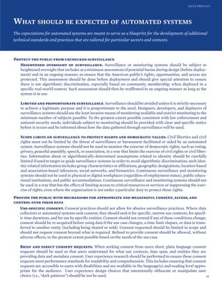 DATA PRIVACY
WHAT SHOULD BE EXPECTED OF AUTOMATED SYSTEMS
The expectations for automated systems are meant to serve as a blueprint for the development of additional
technical standards and practices that are tailored for particular sectors and contexts.
Protect the public from unchecked surveillance
Heightened oversight of surveillance. Surveillance or monitoring systems should be subject to
heightened oversight that includes at a minimum assessment of potential harms during design (before deploy-
ment) and in an ongoing manner, to ensure that the American public’s rights, opportunities, and access are
protected. This assessment should be done before deployment and should give special attention to ensure
there is not algorithmic discrimination, especially based on community membership, when deployed in a
specific real-world context. Such assessment should then be reaffirmed in an ongoing manner as long as the
system is in use.
Limited and proportionate surveillance. Surveillance should be avoided unless it is strictly necessary
to achieve a legitimate purpose and it is proportionate to the need. Designers, developers, and deployers of
surveillance systems should use the least invasive means of monitoring available and restrict monitoring to the
minimum number of subjects possible. To the greatest extent possible consistent with law enforcement and
national security needs, individuals subject to monitoring should be provided with clear and specific notice
before it occurs and be informed about how the data gathered through surveillance will be used.
Scope limits on surveillance to protect rights and democratic values. Civil liberties and civil
rights must not be limited by the threat of surveillance or harassment facilitated or aided by an automated
system. Surveillance systems should not be used to monitor the exercise of democratic rights, such as voting,
privacy, peaceful assembly, speech, or association, in a way that limits the exercise of civil rights or civil liber-
ties. Information about or algorithmically-determined assumptions related to identity should be carefully
limited if used to target or guide surveillance systems in order to avoid algorithmic discrimination; such iden-
tity-related information includes group characteristics or affiliations, geographic designations, location-based
and association-based inferences, social networks, and biometrics. Continuous surveillance and monitoring
systems should not be used in physical or digital workplaces (regardless of employment status), public educa-
tional institutions, and public accommodations. Continuous surveillance and monitoring systems should not
be used in a way that has the effect of limiting access to critical resources or services or suppressing the exer-
cise of rights, even where the organization is not under a particular duty to protect those rights.
Provide the public with mechanisms for appropriate and meaningful consent, access, and
control over their data
Use-specific consent. Consent practices should not allow for abusive surveillance practices. Where data
collectors or automated systems seek consent, they should seek it for specific, narrow use contexts, for specif-
ic time durations, and for use by specific entities. Consent should not extend if any of these conditions change;
consent should be re-acquired before using data if the use case changes, a time limit elapses, or data is trans-
ferred to another entity (including being shared or sold). Consent requested should be limited in scope and
should not request consent beyond what is required. Refusal to provide consent should be allowed, without
adverse effects, to the greatest extent possible based on the needs of the use case.
Brief and direct consent requests. When seeking consent from users short, plain language consent
requests should be used so that users understand for what use contexts, time span, and entities they are
providing data and metadata consent. User experience research should be performed to ensure these consent
requests meet performance standards for readability and comprehension. This includes ensuring that consent
requests are accessible to users with disabilities and are available in the language(s) and reading level appro-
priate for the audience. User experience design choices that intentionally obfuscate or manipulate user
choice (i.e., “dark patterns”) should be not be used. 34
 