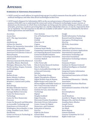 APPENDIX
Summaries of Additional Engagements:
• OSTP created an email address (ai-equity@ostp.eop.gov) to solicit comments from the public on the use of
artificial intelligence and other data-driven technologies in their lives.
• OSTP issued a Request For Information (RFI) on the use and governance of biometric technologies.113 The
purpose of this RFI was to understand the extent and variety of biometric technologies in past, current, or
planned use; the domains in which these technologies are being used; the entities making use of them; current
principles, practices, or policies governing their use; and the stakeholders that are, or may be, impacted by their
use or regulation. The 130 responses to this RFI are available in full online114 and were submitted by the below
listed organizations and individuals:
Accenture
Access Now
ACT | The App Association
AHIP
AIethicist.org
Airlines for America
Alliance for Automotive Innovation
Amelia Winger-Bearskin
American Civil Liberties Union
American Civil Liberties Union of
Massachusetts
American Medical Association
ARTICLE19
Attorneys General of the District of
Columbia, Illinois, Maryland,
Michigan, Minnesota, New York,
North Carolina, Oregon, Vermont,
and Washington
Avanade
Aware
Barbara Evans
Better Identity Coalition
Bipartisan Policy Center
Brandon L. Garrett and Cynthia
Rudin
Brian Krupp
Brooklyn Defender Services
BSA | The Software Alliance
Carnegie Mellon University
Center for Democracy &
Technology
Center for New Democratic
Processes
Center for Research and Education
on Accessible Technology and
Experiences at University of
Washington, Devva Kasnitz, L Jean
Camp, Jonathan Lazar, Harry
Hochheiser
Center on Privacy & Technology at
Georgetown Law
Cisco Systems
City of Portland Smart City PDX
Program
CLEAR
Clearview AI
Cognoa
Color of Change
Common Sense Media
Computing Community Consortium
at Computing Research Association
Connected Health Initiative
Consumer Technology Association
Courtney Radsch
Coworker
Cyber Farm Labs
Data & Society Research Institute
Data for Black Lives
Data to Actionable Knowledge Lab
at Harvard University
Deloitte
Dev Technology Group
Digital Therapeutics Alliance
Digital Welfare State & Human
Rights Project and Center for
Human Rights and Global Justice at
New York University School of
Law, and Temple University
Institute for Law, Innovation &
Technology
Dignari
Douglas Goddard
Edgar Dworsky
Electronic Frontier Foundation
Electronic Privacy Information
Center, Center for Digital
Democracy, and Consumer
Federation of America
FaceTec
Fight for the Future
Ganesh Mani
Georgia Tech Research Institute
Google
Health Information Technology
Research and Development
Interagency Working Group
HireVue
HR Policy Association
ID.me
Identity and Data Sciences
Laboratory at Science Applications
International Corporation
Information Technology and
Innovation Foundation
Information Technology Industry
Council
Innocence Project
Institute for Human-Centered
Artificial Intelligence at Stanford
University
Integrated Justice Information
Systems Institute
International Association of Chiefs
of Police
International Biometrics + Identity
Association
International Business Machines
Corporation
International Committee of the Red
Cross
Inventionphysics
iProov
Jacob Boudreau
Jennifer K. Wagner, Dan Berger,
Margaret Hu, and Sara Katsanis
Jonathan Barry-Blocker
Joseph Turow
Joy Buolamwini
Joy Mack
Karen Bureau
Lamont Gholston
Lawyers’ Committee for Civil
Rights Under Law
60
 