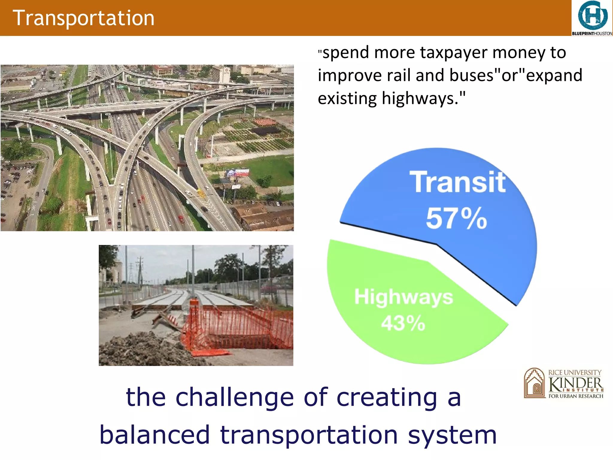 Transportation
                        "spend more taxpayer money to
                        improve rail and buses"or"expand
                        existing highways."




          the challenge of creating a
        balanced transportation system
 