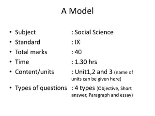 A Model
• Subject : Social Science
• Standard : IX
• Total marks : 40
• Time : 1.30 hrs
• Content/units : Unit1,2 and 3 (name of
units can be given here)
• Types of questions : 4 types (Objective, Short
answer, Paragraph and essay)
 