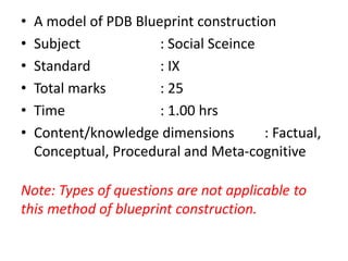 • A model of PDB Blueprint construction
• Subject : Social Sceince
• Standard : IX
• Total marks : 25
• Time : 1.00 hrs
• Content/knowledge dimensions : Factual,
Conceptual, Procedural and Meta-cognitive
Note: Types of questions are not applicable to
this method of blueprint construction.
 