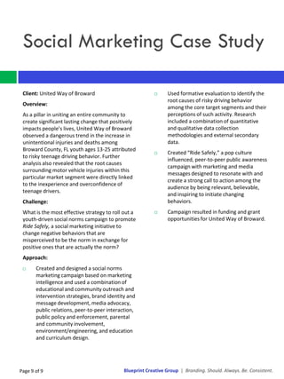 Social Marketing Case Study

 Client: United Way of Broward                                 Used formative evaluation to identify the
                                                                root causes of risky driving behavior
 Overview:
                                                                among the core target segments and their
 As a pillar in uniting an entire community to                  perceptions of such activity. Research
 create significant lasting change that positively              included a combination of quantitative
 impacts people’s lives, United Way of Broward                  and qualitative data collection
 observed a dangerous trend in the increase in                  methodologies and external secondary
 unintentional injuries and deaths among                        data.
 Broward County, FL youth ages 13-25 attributed
                                                               Created “Ride Safely,” a pop culture
 to risky teenage driving behavior. Further
                                                                influenced, peer-to-peer public awareness
 analysis also revealed that the root causes
                                                                campaign with marketing and media
 surrounding motor vehicle injuries within this
                                                                messages designed to resonate with and
 particular market segment were directly linked
                                                                create a strong call to action among the
 to the inexperience and overconfidence of
                                                                audience by being relevant, believable,
 teenage drivers.
                                                                and inspiring to initiate changing
 Challenge:                                                     behaviors.
 What is the most effective strategy to roll out a             Campaign resulted in funding and grant
 youth-driven social norms campaign to promote                  opportunities for United Way of Broward.
 Ride Safely, a social marketing initiative to
 change negative behaviors that are
 misperceived to be the norm in exchange for
 positive ones that are actually the norm?
 Approach:
      Created and designed a social norms
       marketing campaign based on marketing
       intelligence and used a combination of
       educational and community outreach and
       intervention strategies, brand identity and
       message development, media advocacy,
       public relations, peer-to-peer interaction,
       public policy and enforcement, parental
       and community involvement,
       environment/engineering, and education
       and curriculum design.




Page 9 of 9                                  Blueprint Creative Group | Branding. Should. Always. Be. Consistent.
 