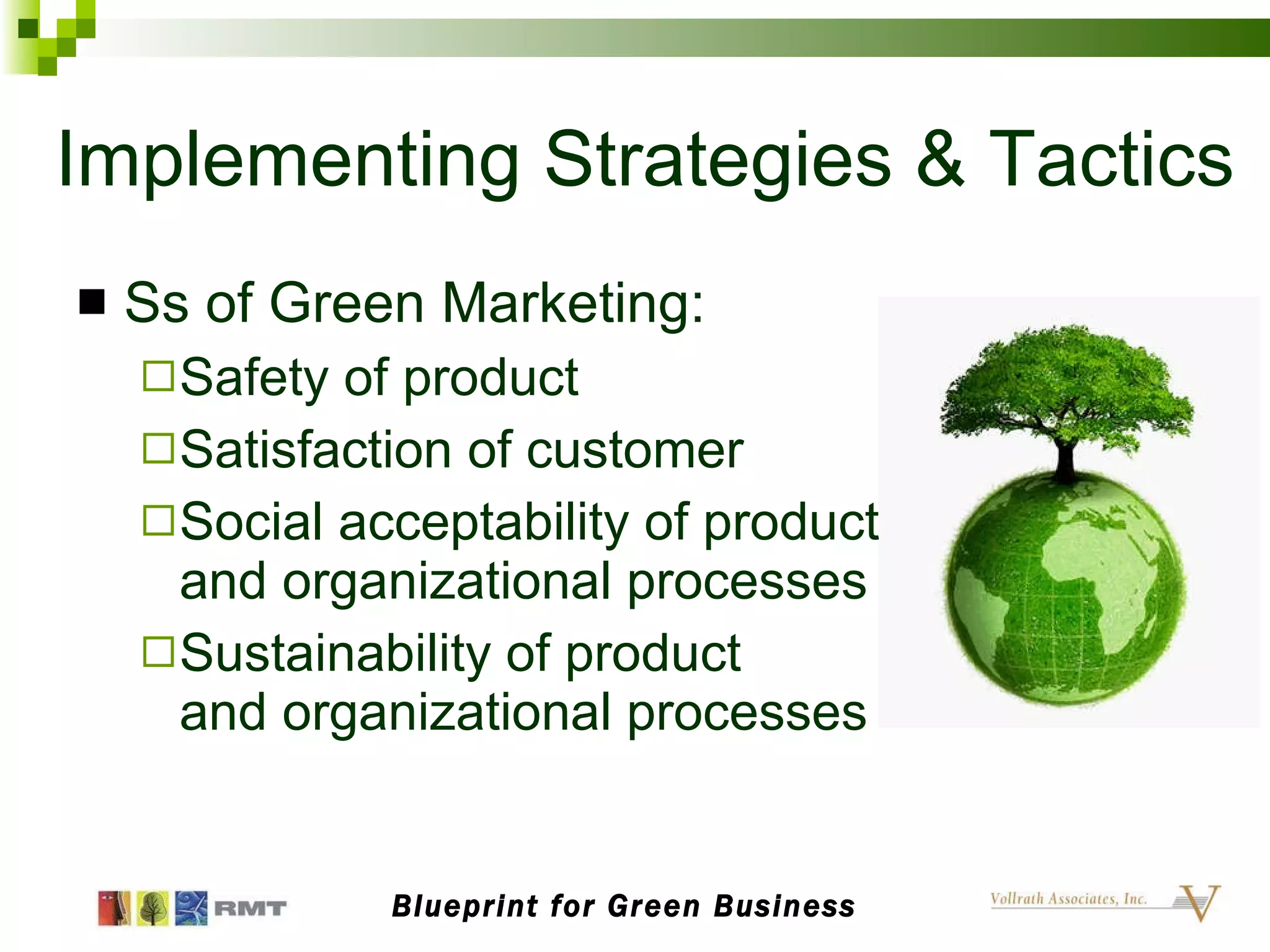 Implementing Strategies & Tactics Ss of Green Marketing: Safety of product Satisfaction of customer Social acceptability of product  and organizational processes Sustainability of product  and organizational processes Blueprint for Green Business 