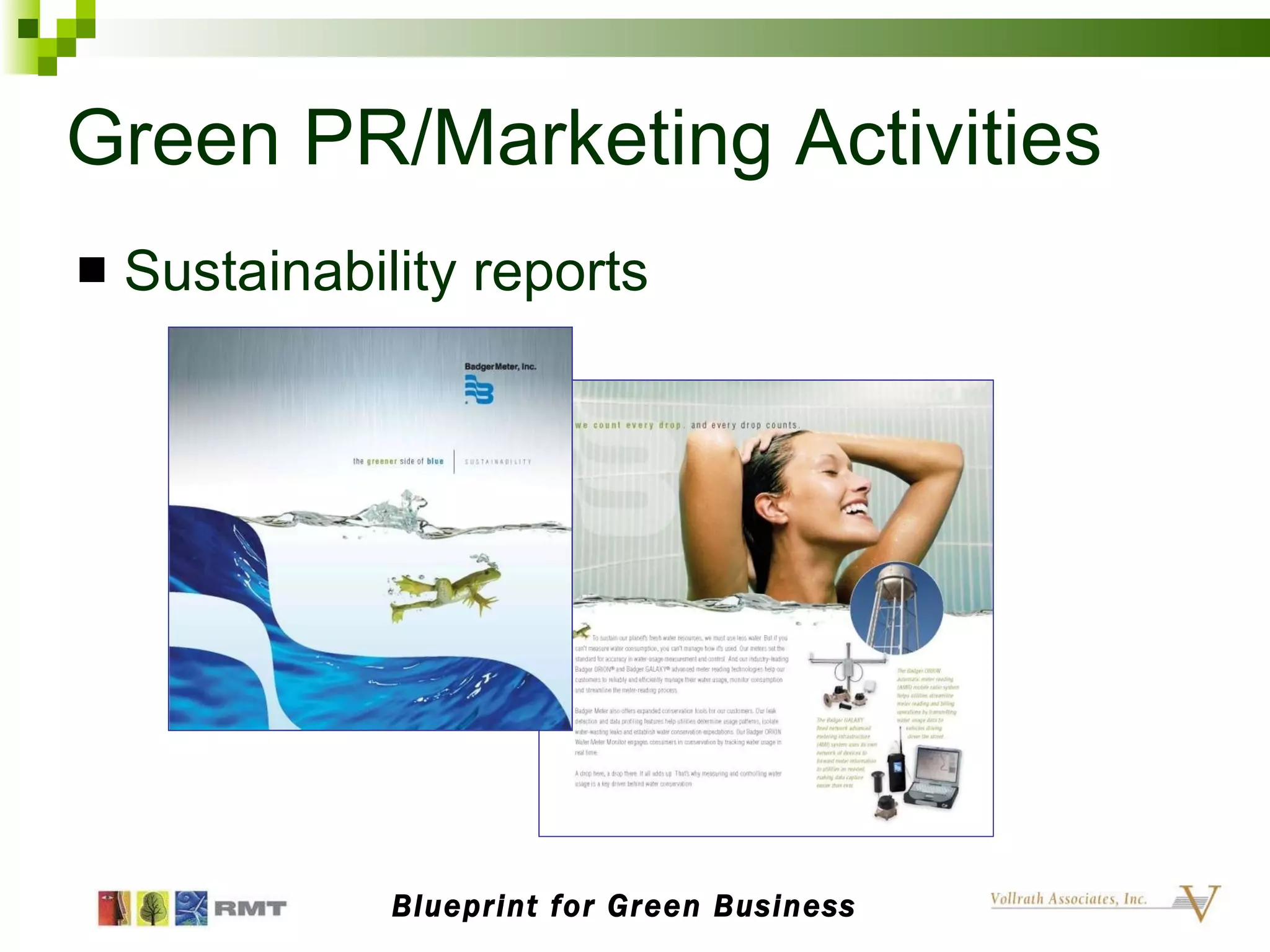 Green PR/Marketing Activities Sustainability reports Blueprint for Green Business 