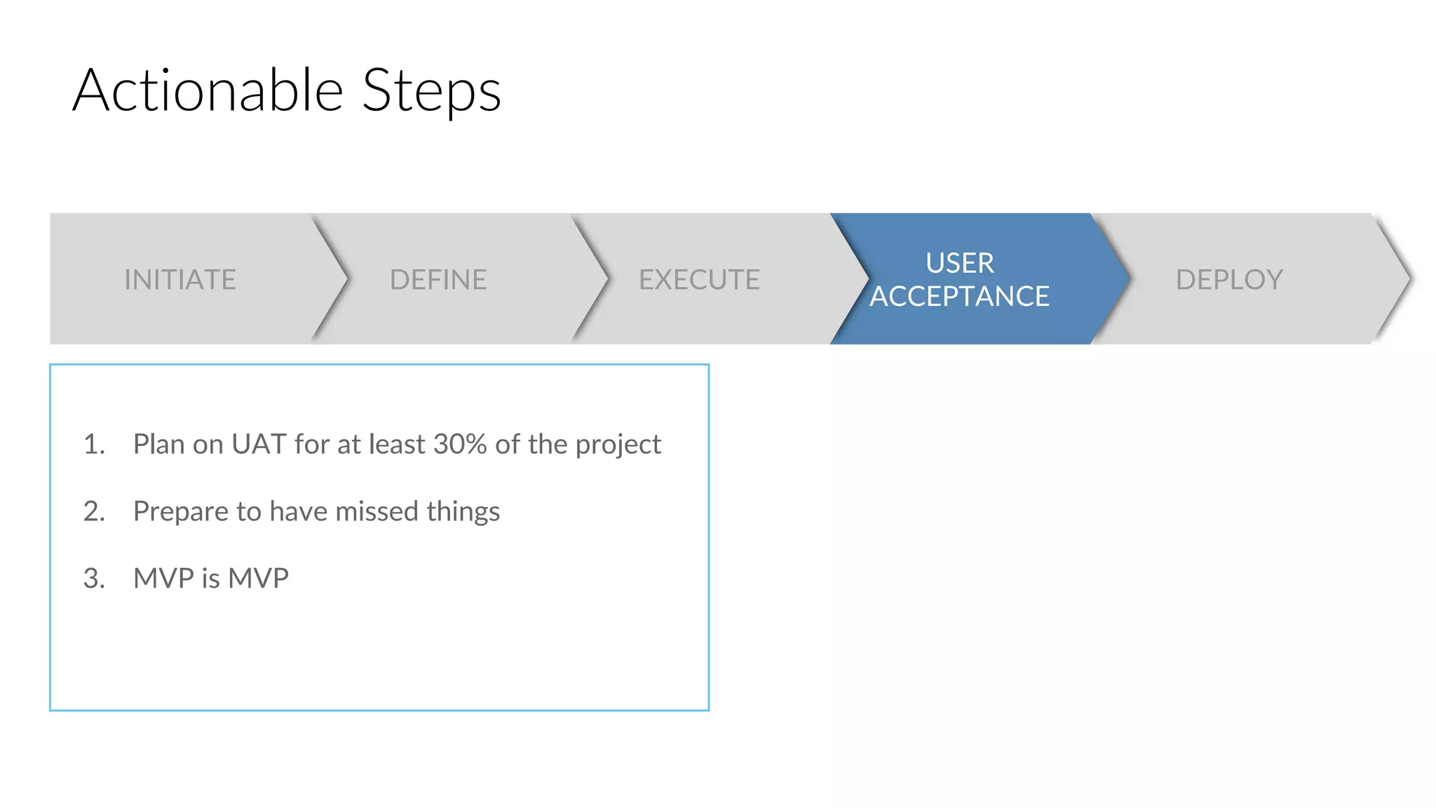 DEPLOY
USER
ACCEPTANCE
EXECUTEDEFINEINITIATE
Actionable Steps
1. Plan on UAT for at least 30% of the project
2. Prepare to have missed things
3. MVP is MVP
 