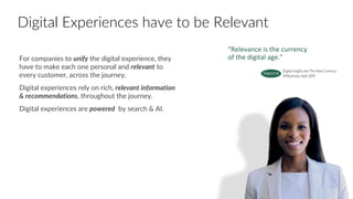 For companies to unify the digital experience, they
have to make each one personal and relevant to
every customer, across the journey.
Digital experiences rely on rich, relevant information
& recommendations, throughout the journey.
Digital experiences are powered by search & AI.
“Relevance is the currency
of the digital age.”
Digital Experiences have to be Relevant
 