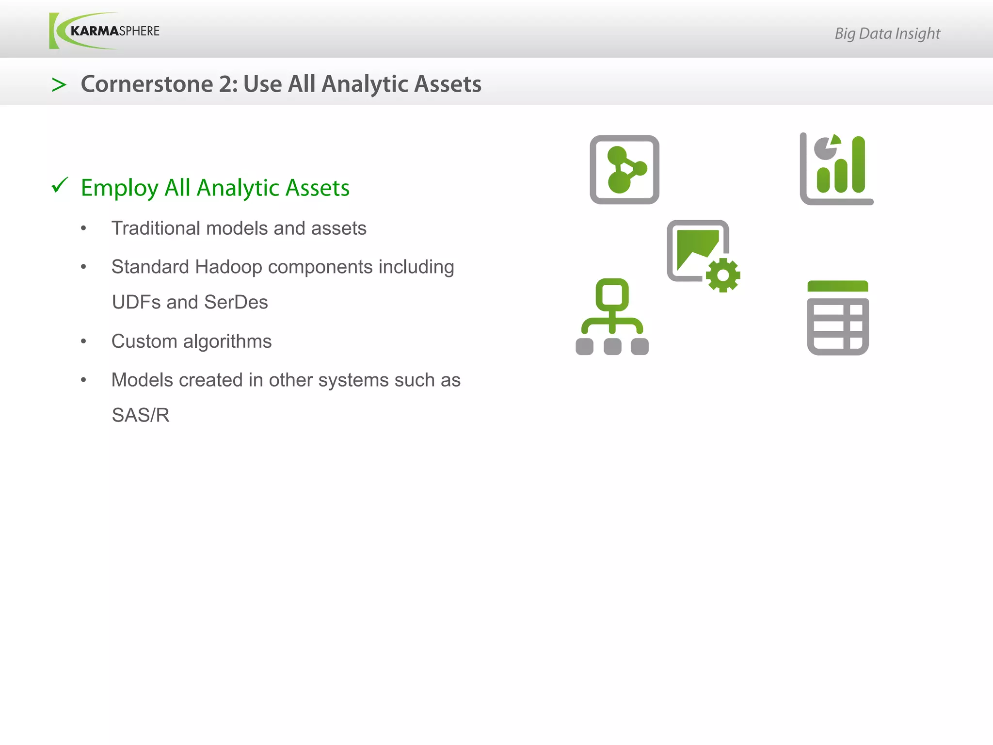 Big Data Insight


>  Cornerstone 2: Use All Analytic Assets



ü  Employ All Analytic Assets
   •    Traditional models and assets

   •    Standard Hadoop components including
        UDFs and SerDes

   •    Custom algorithms

   •    Models created in other systems such as
        SAS/R
 